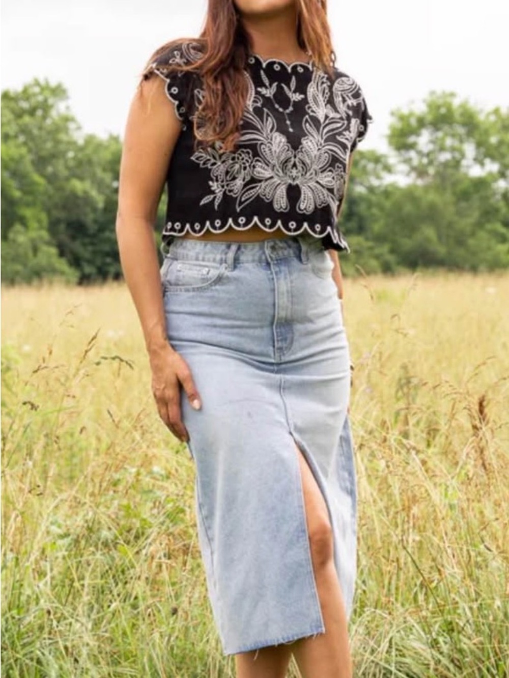 Pink Lily Light Blue Denim Midi Skirt with Front Slit